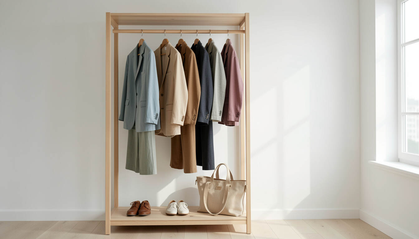 Build a capsule wardrobe with fewer better pieces: editorial still life showing colour palette, fabric quality, and the versatility test