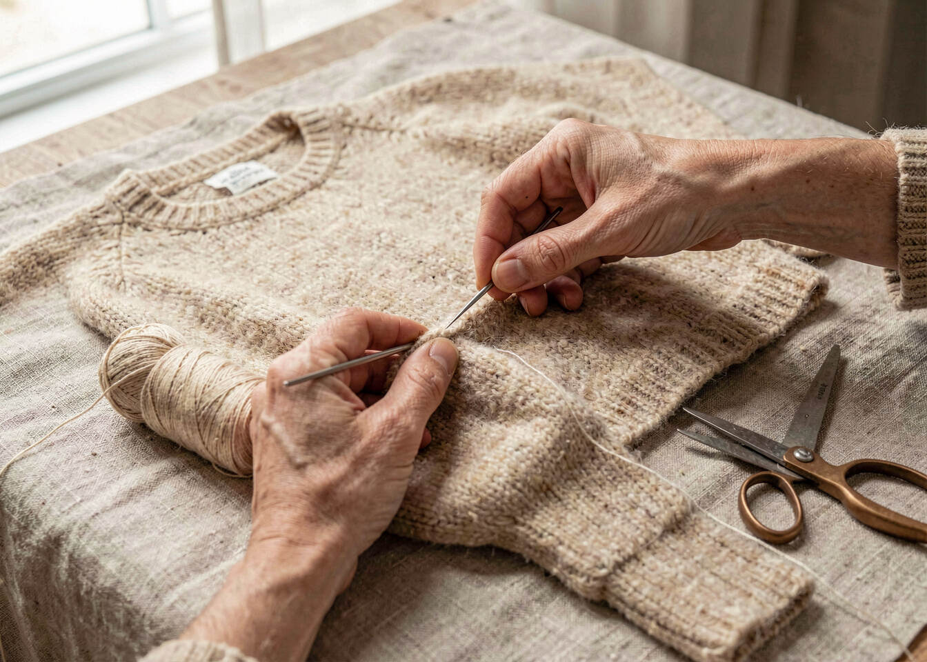 Needle, thread, brush, and folded knitwear ready for care work