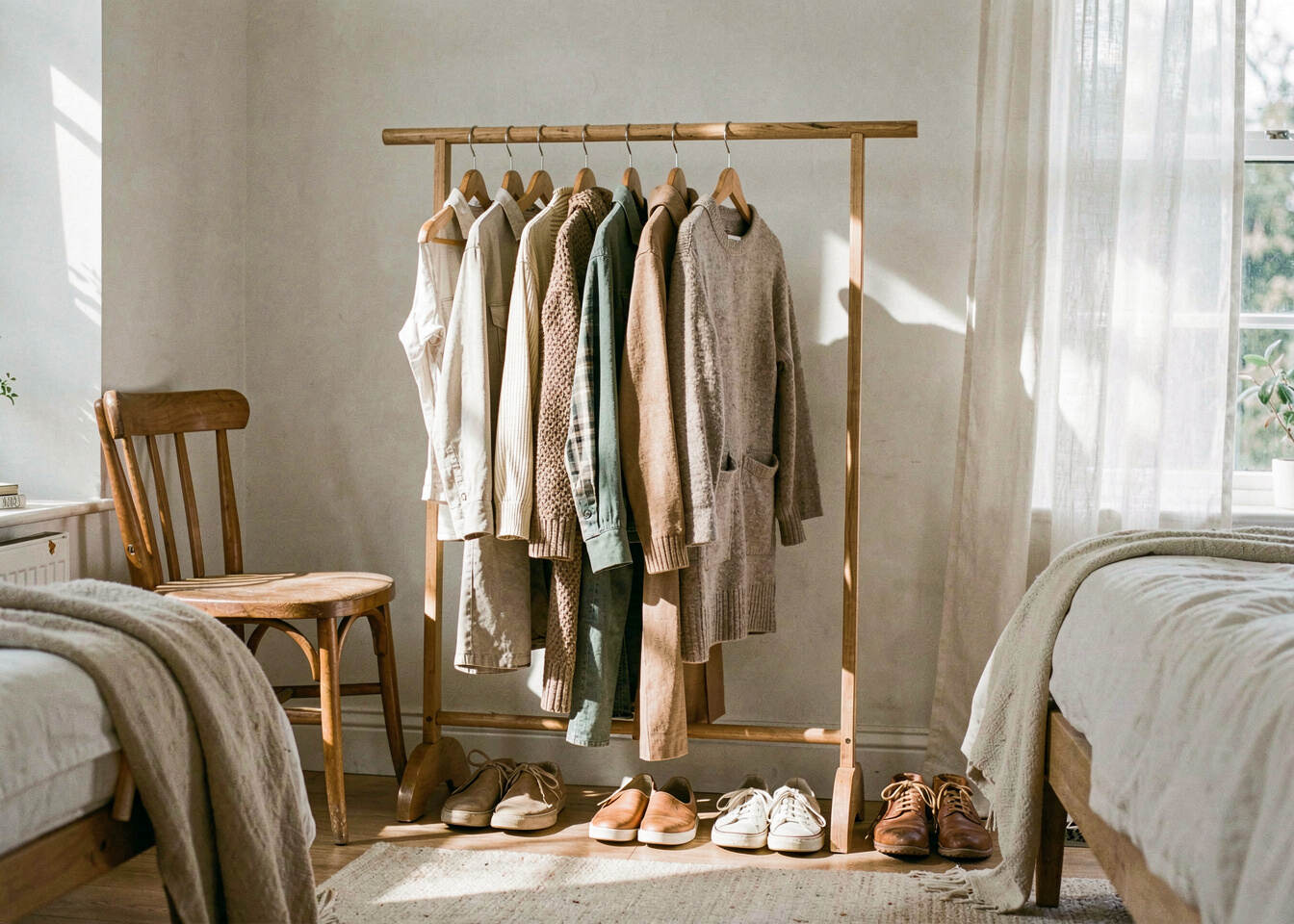 A small set of coordinated clothes laid out for everyday dressing
